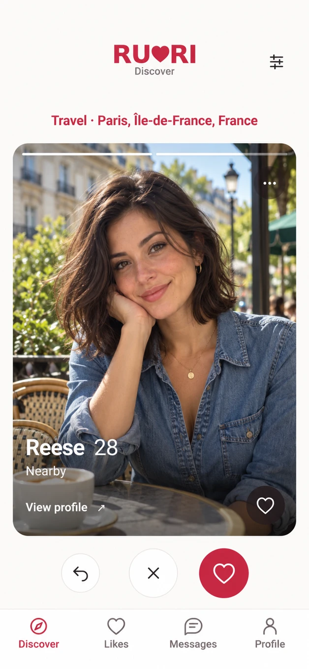 Ruri Discover screen showing an illustrative profile, Travel location and like controls